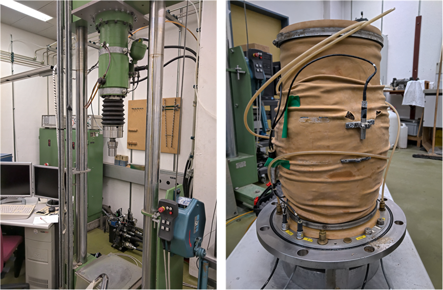 Large triaxial: dynamic hydraulic press and specimen of 250 mm diameter and 500 mm height after shearing with local strain measurement.